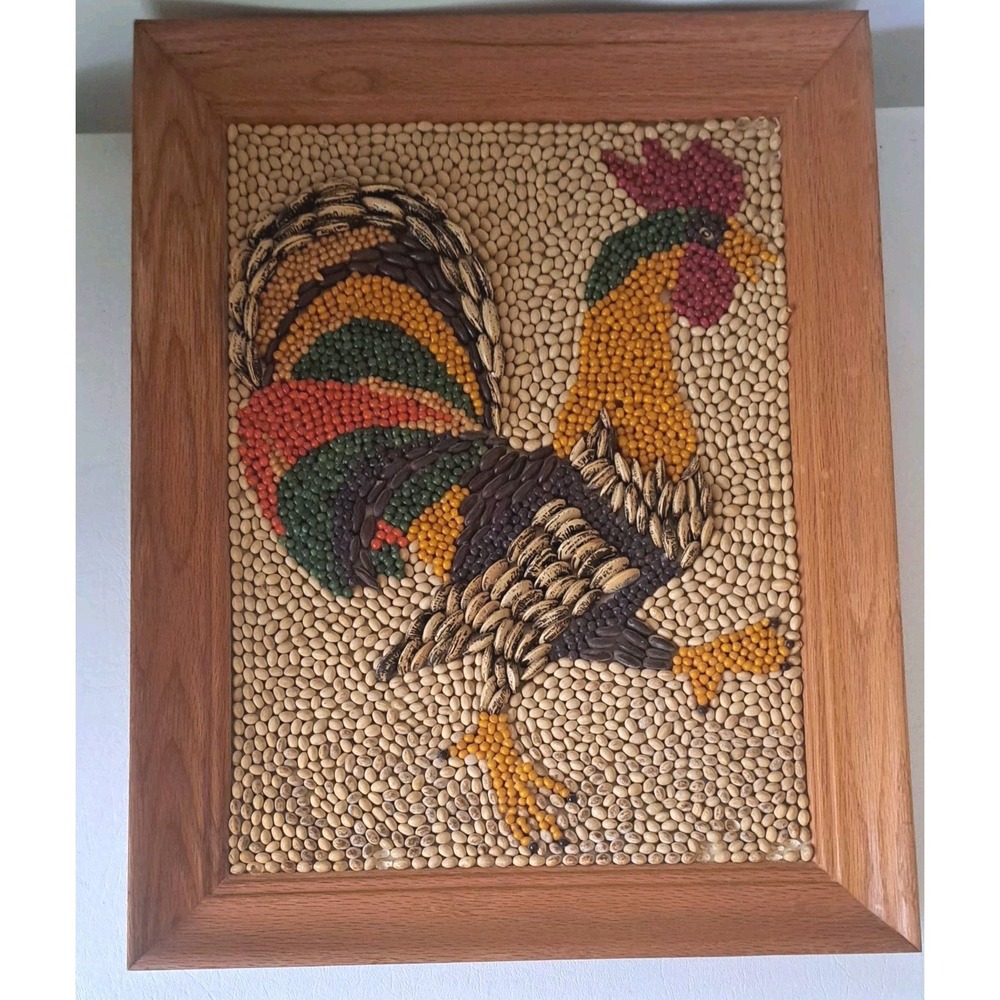 Vintage Seed Art Rooster Wall Decor Framed Folk Art Bean Mosaic